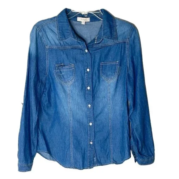 Women's Blue Button Down Shirt - Picture 2 of 6